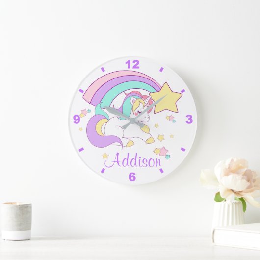 かわいくカスタムでパーソナライズな魔法の虹のユニコーン ラージ壁時計 (ホーム)