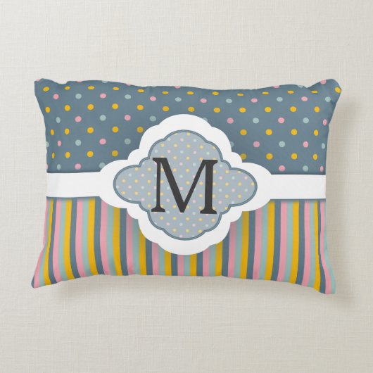 かわいくカスタムなモノグラムの水玉模様のストライプなパターン アクセントクッション (裏面)
