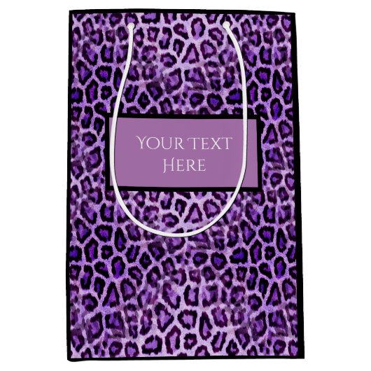 かわいくカスタムな文字の紫色のヒョウのアニマルプリントのパーティー ミディアムペーパーバッグ (正面)