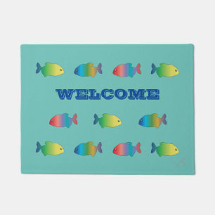 かわいくカラフルで幸せな魚パターン ドアマット