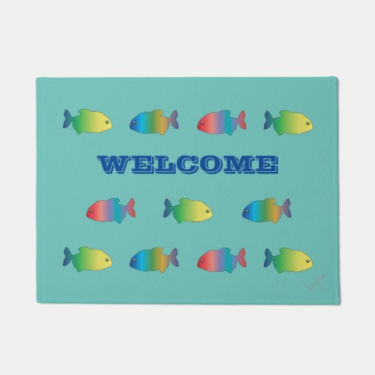 かわいくカラフルで幸せな魚パターン ドアマット (正面)