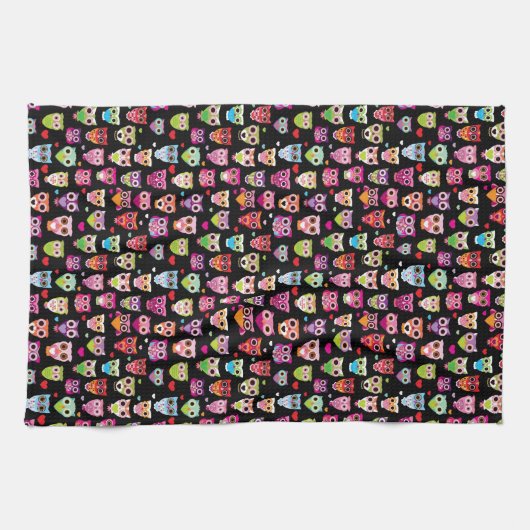 かわいくカラフルなフクロウはパターンをからかいます キッチンタオル (横)