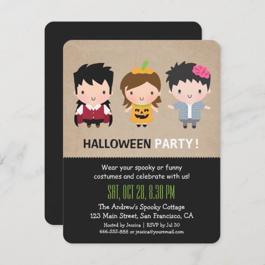 かわいくカラフルな子供のハローウィンパーティの招待状 招待状 (正面/裏面)