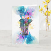 かわいくカラフルな水彩画の（ばちゃばちゃ）跳ねる象 カード (黄色い花)