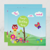かわいくカラフルな草原の花の蝶フクロウのきのこ 招待状 (正面/裏面)