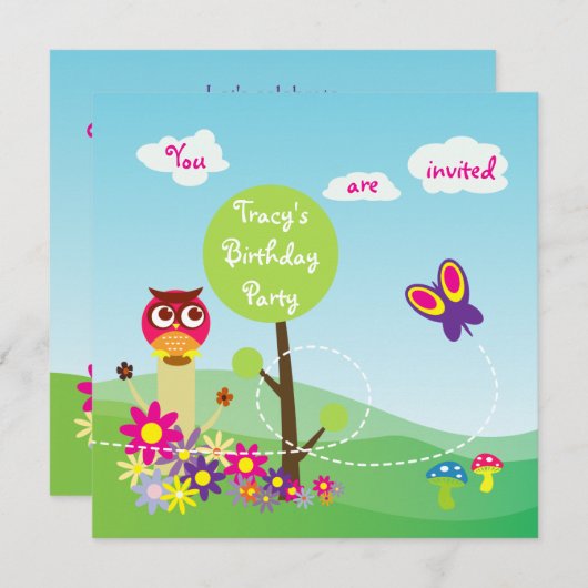 かわいくカラフルな草原の花の蝶フクロウのきのこ 招待状 (正面/裏面)