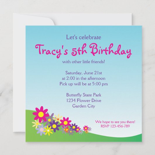 かわいくカラフルな草原の花の蝶フクロウのきのこ 招待状 (裏面)