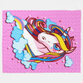 かわいくカラフルな虹のユニコーンのピンクのサテンのプラシ天 フリースブランケット (正面(横))