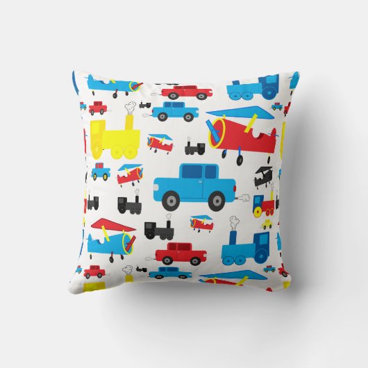 かわいくカラフルな飛行機、列車および車のコラージュ クッション (裏面)