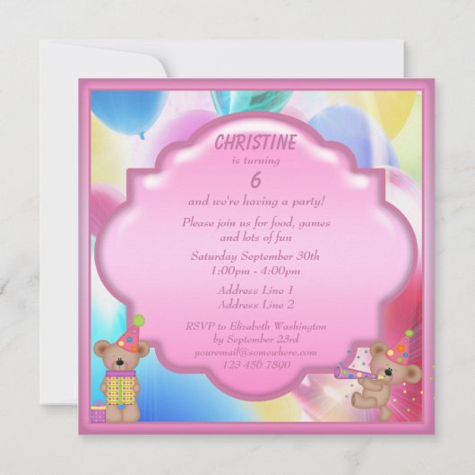 かわいくガーリーなテディー・ベアの誕生会 招待状 (裏面)