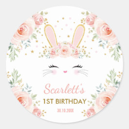 かわいくガーリーなバニーの赤面のピンクの花のウサギのパーティー ラウンドシール