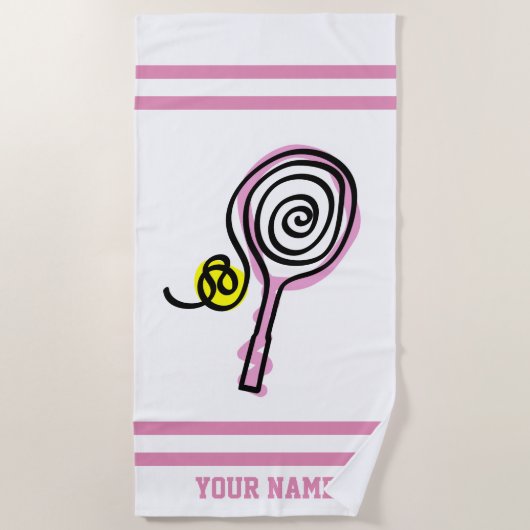かわいくガーリーなピンクのテニスラケットのデザインのカスタム ビーチタオル (正面)