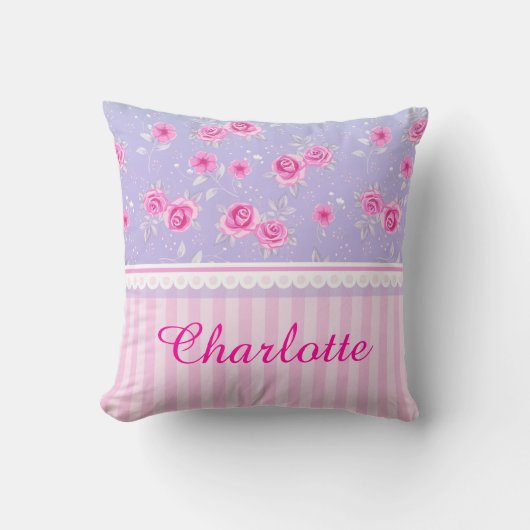 かわいくガーリーなピンクのピンクの花パターン名前をカスタムする クッション (正面)