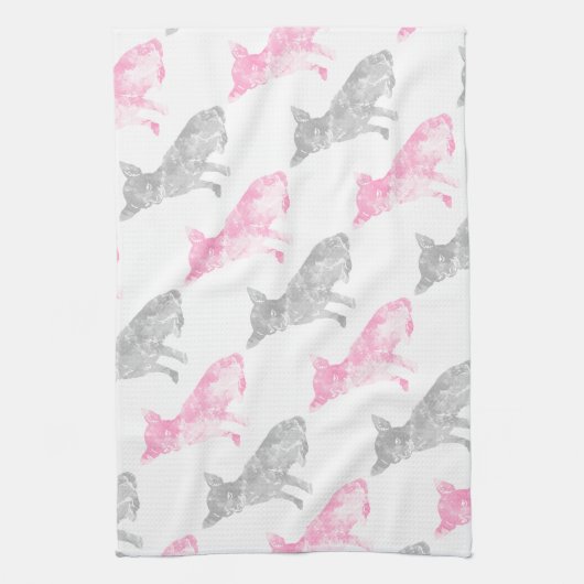 かわいくガーリーなピンクの灰色の水彩画のチワワパターン キッチンタオル (縦)