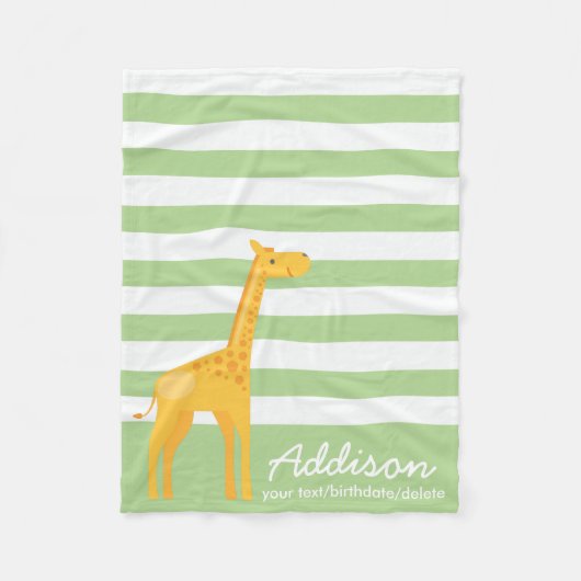 かわいくパーソナライズなキリンのジャングルのミントの緑のストライプ フリースブランケット (正面)