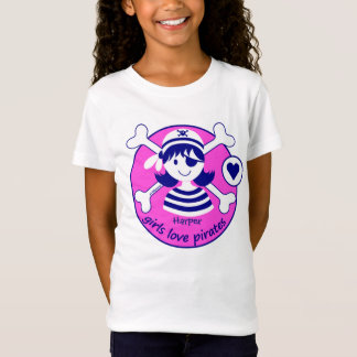 かわいくモダンで明るいピンクの女の子の海賊デザイン Tシャツ