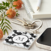 かわいくモダンで黒い花模様、あなたのイニシャル キーホルダー (正面右)