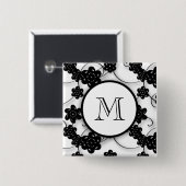 かわいくモダンで黒い花模様、あなたのイニシャル 缶バッジ (正面&裏面)