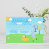 かわいくモダンなお母さんおよび男の赤ちゃんのベビーは振りかけます 招待状 (スタンド正面)