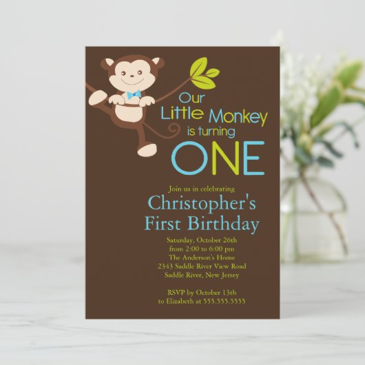 かわいくモダンな猿の第1バースデーパーティ招待状 招待状 (スタンド正面)