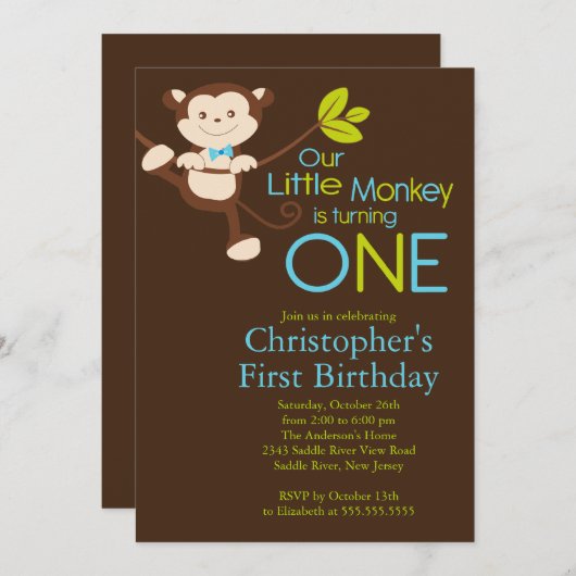かわいくモダンな猿の第1バースデーパーティ招待状 招待状 (正面/裏面)