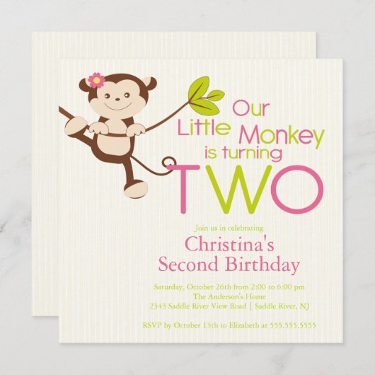 かわいくモダンな猿の第2バースデーパーティ招待状 招待状 (正面/裏面)