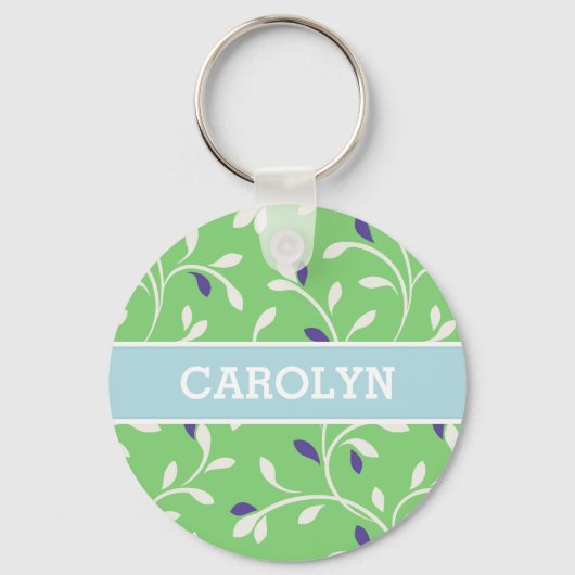 かわいくモダンな緑の巻き毛の葉パターンモノグラム キーホルダー (正面)