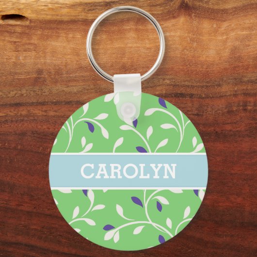 かわいくモダンな緑の巻き毛の葉パターンモノグラム キーホルダー (正面)