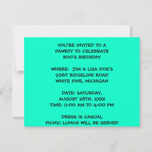 かわいく及びよくはしゃぐな犬PAWRTYのパーティーの招待の招待状 招待状 (裏面)
