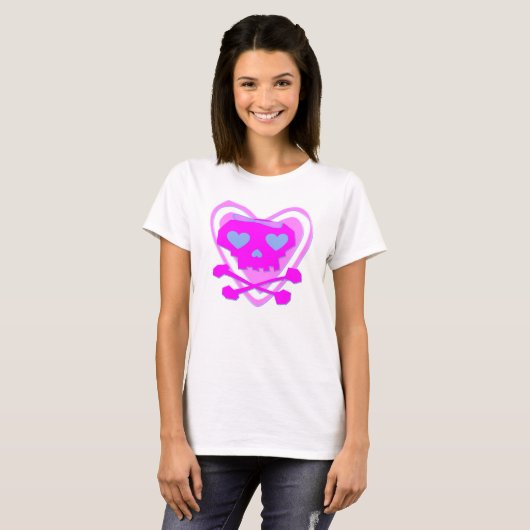かわいく及びガーリーなEMOのスカル及び骨が交差した図形 Tシャツ (正面フル)