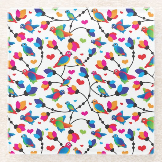 かわいく多彩なオウムの鳥 ガラスコースター (正面)