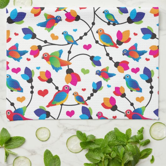かわいく多彩なオウムの鳥 キッチンタオル (折り畳み)