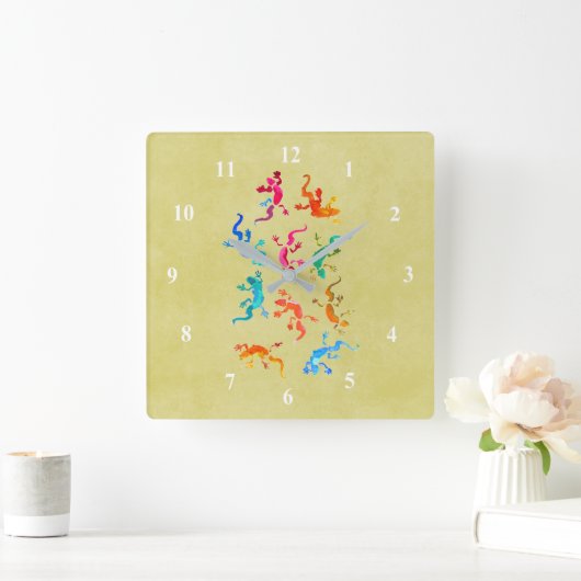 かわいく多彩なヤモリのトカゲのイラストレーション スクエア壁時計