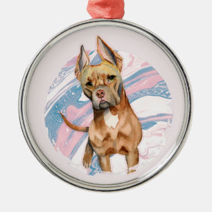 かわいく大きい耳のピット・ブルテリア犬の水彩画 メタルオーナメント