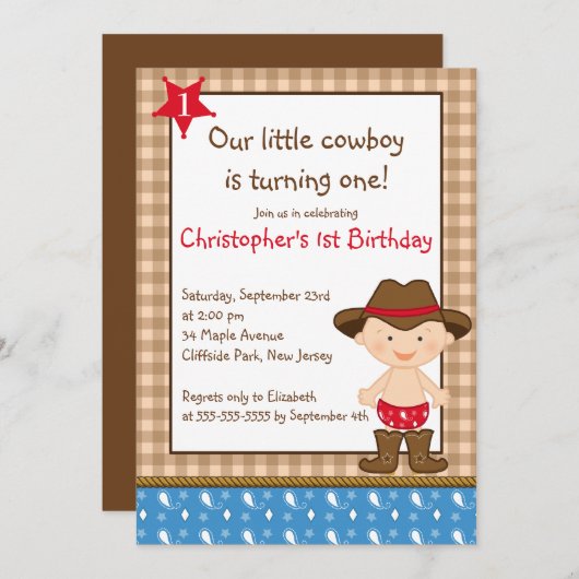 かわいく小さいカウボーイのバースデーパーティ招待状 招待状 (正面/裏面)