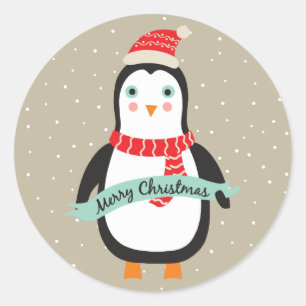 かわいく小さいクリスマスのペンギン"メリークリスマス" ラウンドシール