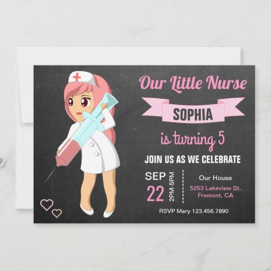 かわいく小さいナースの女の子の誕生日のパーティの招待状 招待状 (正面)