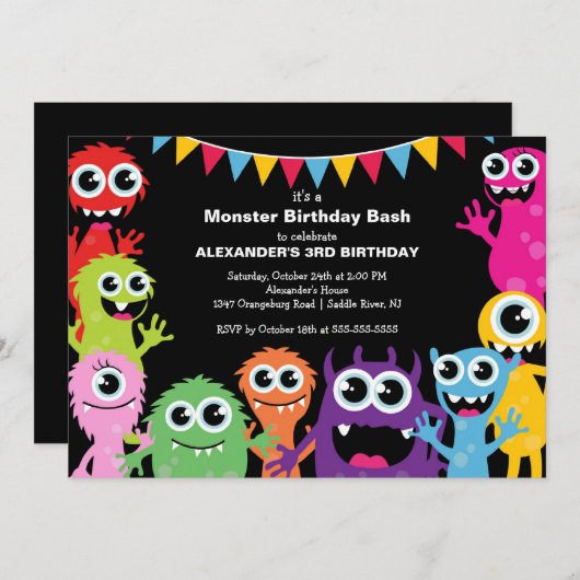 かわいく小さいモンスターの強打の誕生会 招待状 (正面/裏面)