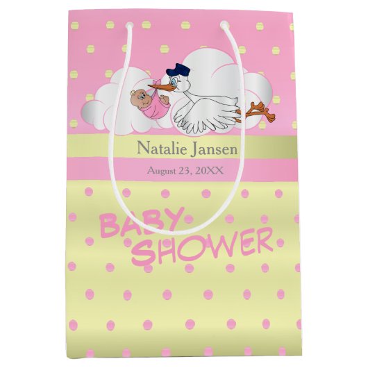 かわいく小さい女の赤ちゃんを持つこうのとり ミディアムペーパーバッグ (正面)