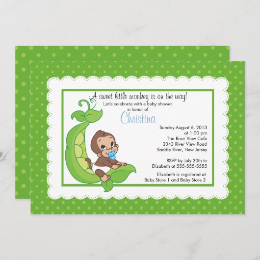 かわいく小さい猿のエンドウ豆の鞘のベビーシャワー招待状 招待状 (正面/裏面)
