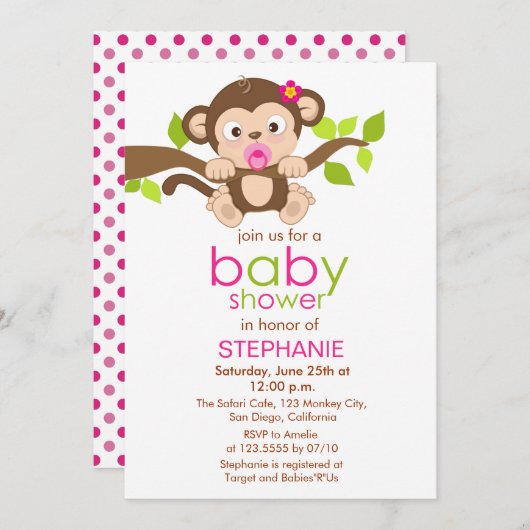 かわいく小さい猿の女の子のベビーシャワーの招待状 招待状