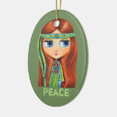 かわいく小さい緑のヒッピーの女の子のピースサイン セラミックオーナメント (左)