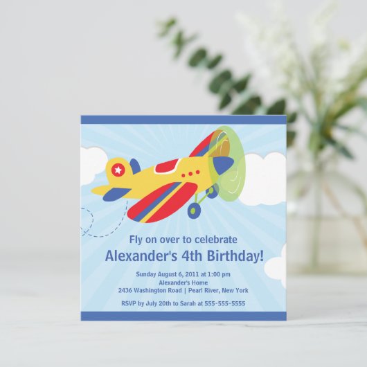 かわいく小さい飛行機の誕生日のパーティの招待状 招待状 (スタンド正面)