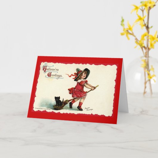かわいく小さい魔法使いの女の子ハロウィン カード (黄色い花)