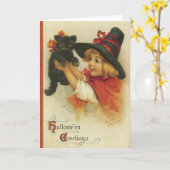 かわいく小さい魔法使い、ハロウィンカード、黒猫 カード (黄色い花)