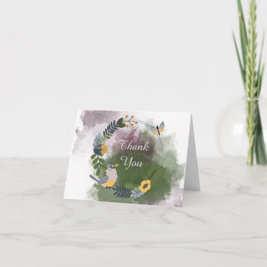 かわいく小さい鳥および蝶は感謝していしています サンキューカード (正面)