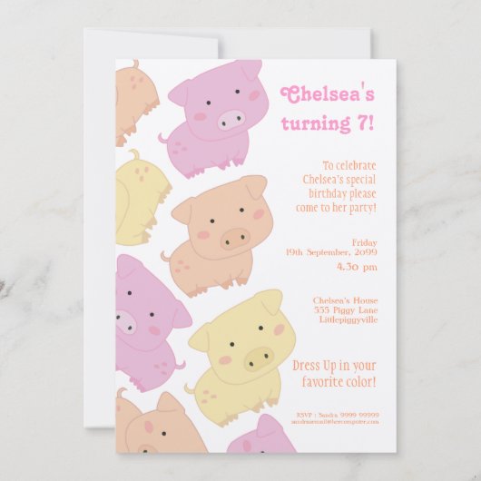 かわいく小さく豚のようなブタの誕生会の招待 招待状 (裏面)