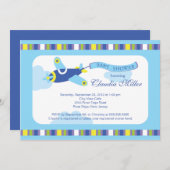 かわいく小さく青い飛行機の男の子のベビーシャワー 招待状 (正面/裏面)