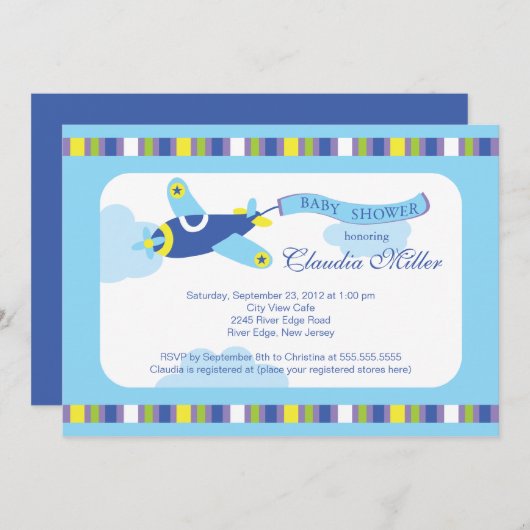 かわいく小さく青い飛行機の男の子のベビーシャワー 招待状 (正面/裏面)