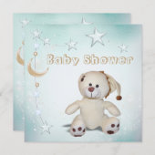 かわいく幸せなテディ、月及び星のベビーシャワー 招待状 (正面/裏面)